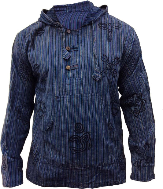 Mens Handmade Stonewashed Boho Hooded Shirt | Wooden Buttons & Front Pocket, Ethical Cotton Festival Shirt