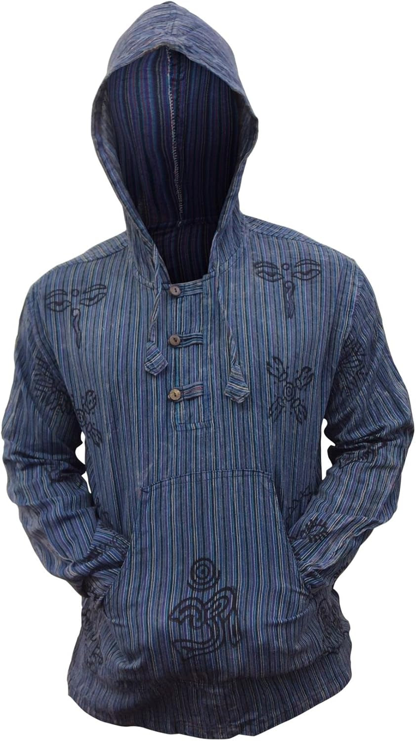 Mens Handmade Stonewashed Boho Hooded Shirt | Wooden Buttons & Front Pocket, Ethical Cotton Festival Shirt