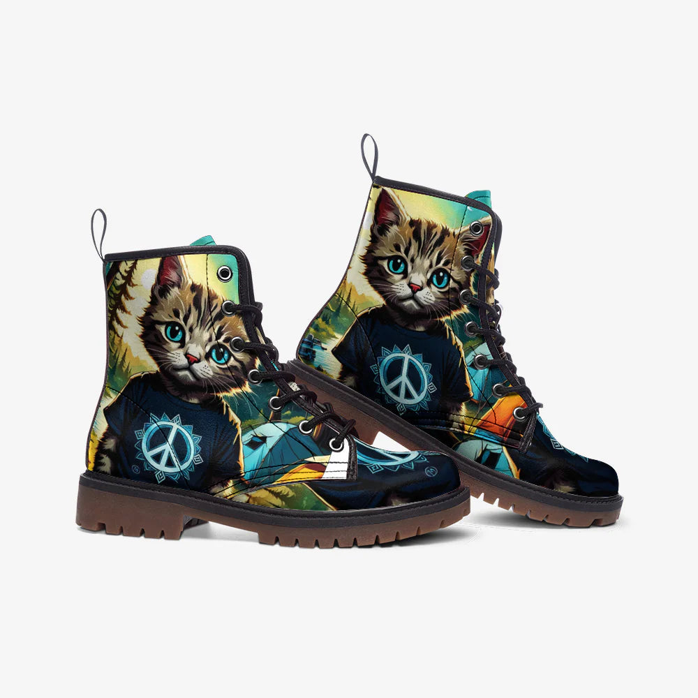 Emerald Blossoms - Cool Cat on Hippie T-Shirt, Peace Symbol Casual Leather Lightweight Boots for Hippies