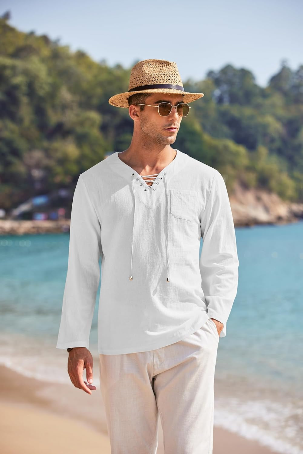Mens Linen Beach Tee Shirts Cotton Hippie Shirts V Neck Long Sleeve Tunic Big and Tall Yoga Shirt