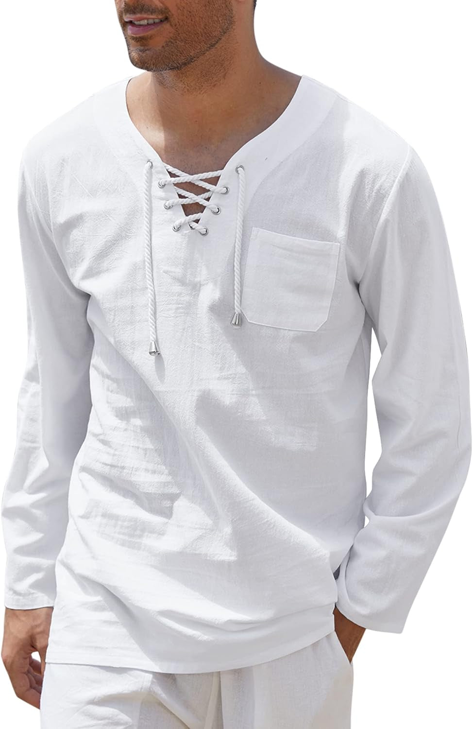 Mens Linen Beach Tee Shirts Cotton Hippie Shirts V Neck Long Sleeve Tunic Big and Tall Yoga Shirt