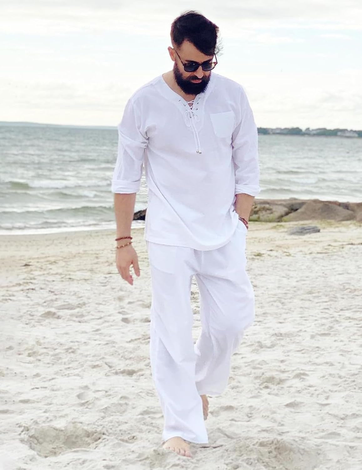 Mens Linen Beach Tee Shirts Cotton Hippie Shirts V Neck Long Sleeve Tunic Big and Tall Yoga Shirt