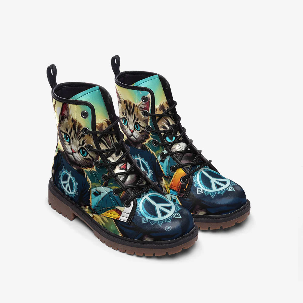 Emerald Blossoms - Cool Cat on Hippie T-Shirt, Peace Symbol Casual Leather Lightweight Boots for Hippies