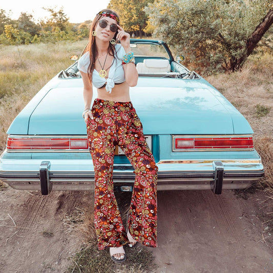 Halloween 60S 70S Women Hippie Costume 70S Retro Bell Clothes Outfits Disco Flared Pants Bottoms for Women