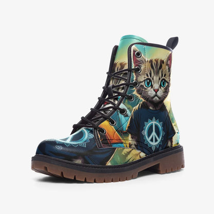 Emerald Blossoms - Cool Cat on Hippie T-Shirt, Peace Symbol Casual Leather Lightweight Boots for Hippies