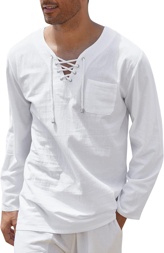 Mens Linen Beach Tee Shirts Cotton Hippie Shirts V Neck Long Sleeve Tunic Big and Tall Yoga Shirt