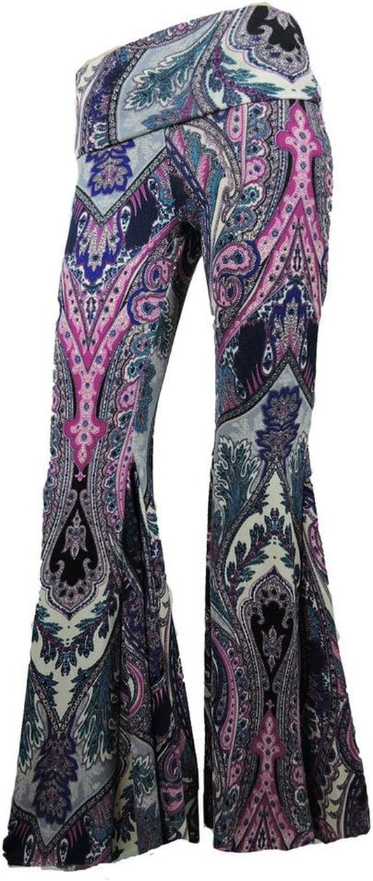 Women Paisley Palazzo Hippie Pants Fold-Over Waist Bell Bottom Leg