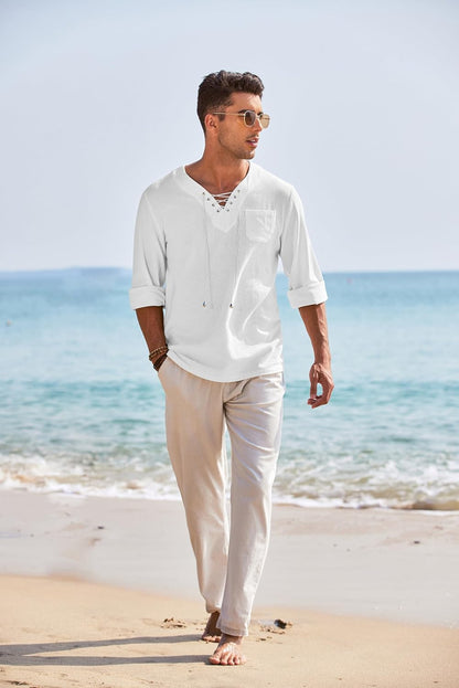 Mens Linen Beach Tee Shirts Cotton Hippie Shirts V Neck Long Sleeve Tunic Big and Tall Yoga Shirt